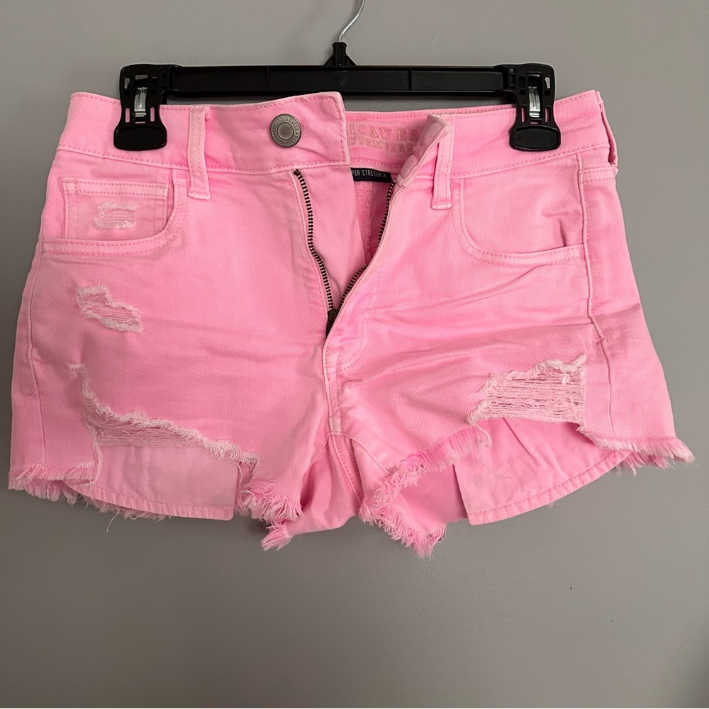 Bright Pink Distressed American Eagle Shorts